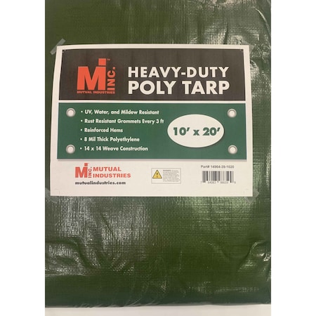 Mutual Industries Heavy Duty Tarp, 10 ft x 20 ft, 8 mil, Green, UV Resistant, Mildew Resistant 14964-39-1020